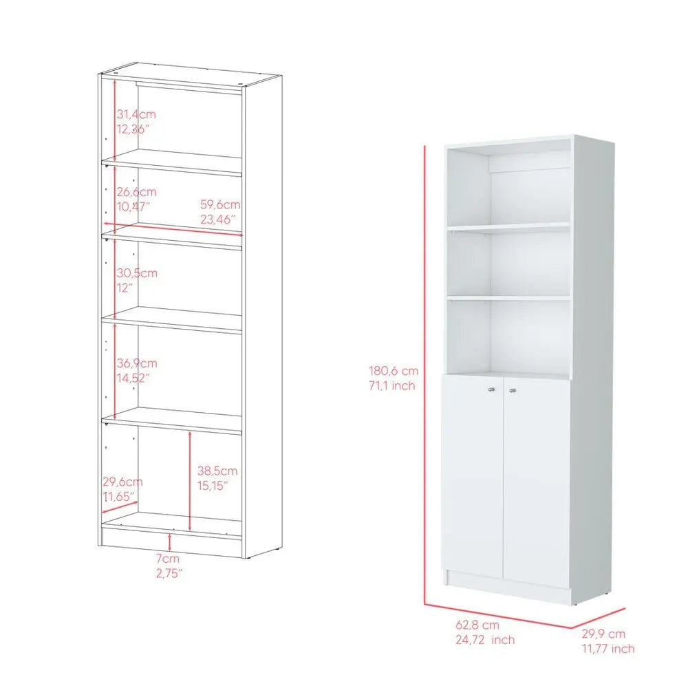 71" White Wood Three Tier Bookcase with Two Doors - NOBLE HOME INTERIORS
