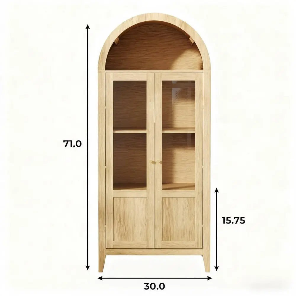 30" Natural Arched Accent Cabinet With Two Glass Panel Doors HomeRoots