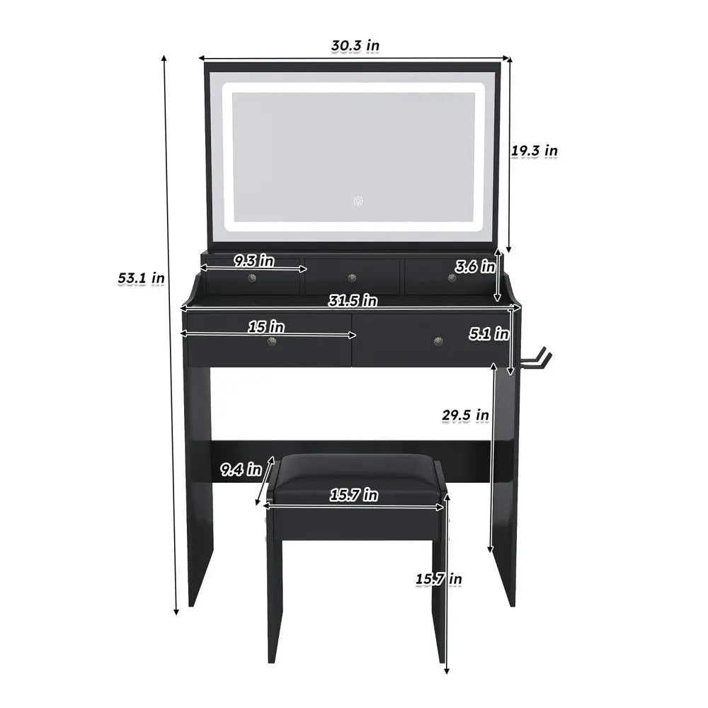 30" Black Wood Lighted Five Drawer Dresser HomeRoots