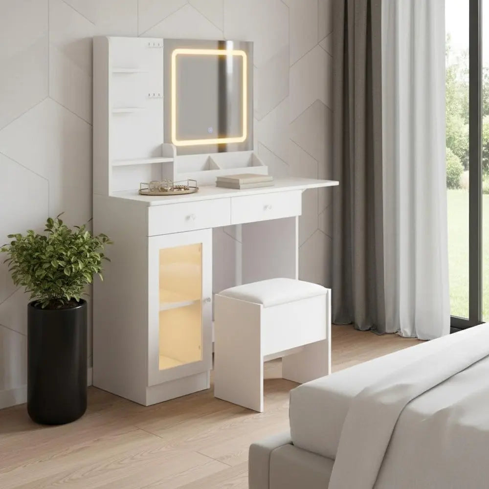 32" White Wood Lighted Two Drawer Dresser HomeRoots