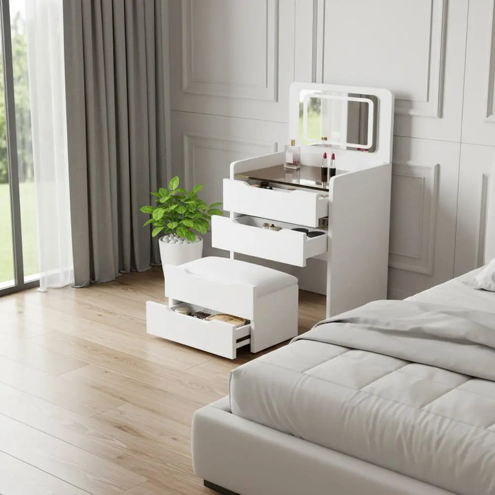 24" White Wood Lighted Mirrored Three Drawer Dresser HomeRoots