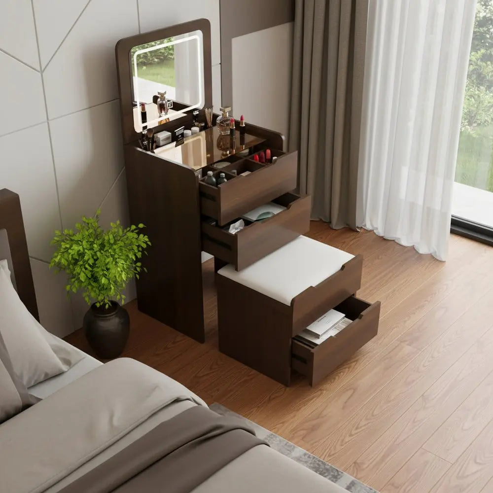 24" Brown Wood Lighted Mirrored Three Drawer Dresser HomeRoots