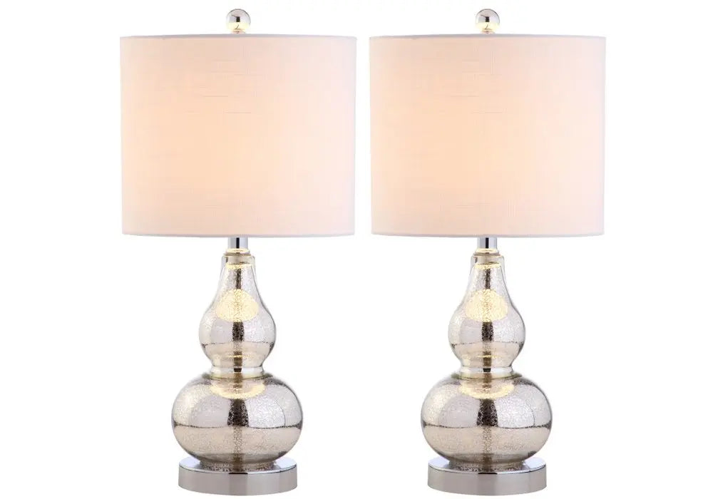 Set of Two 21" Silver Gourd Desk Lamps LED With Drum Shades HomeRoots