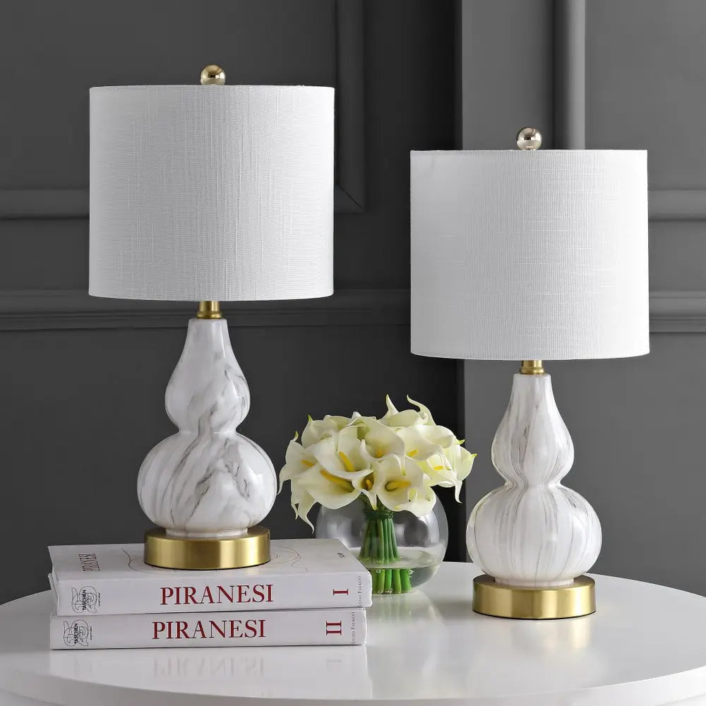 Set of Two 21" Gold Gourd Desk Lamps LED With Drum Shades HomeRoots