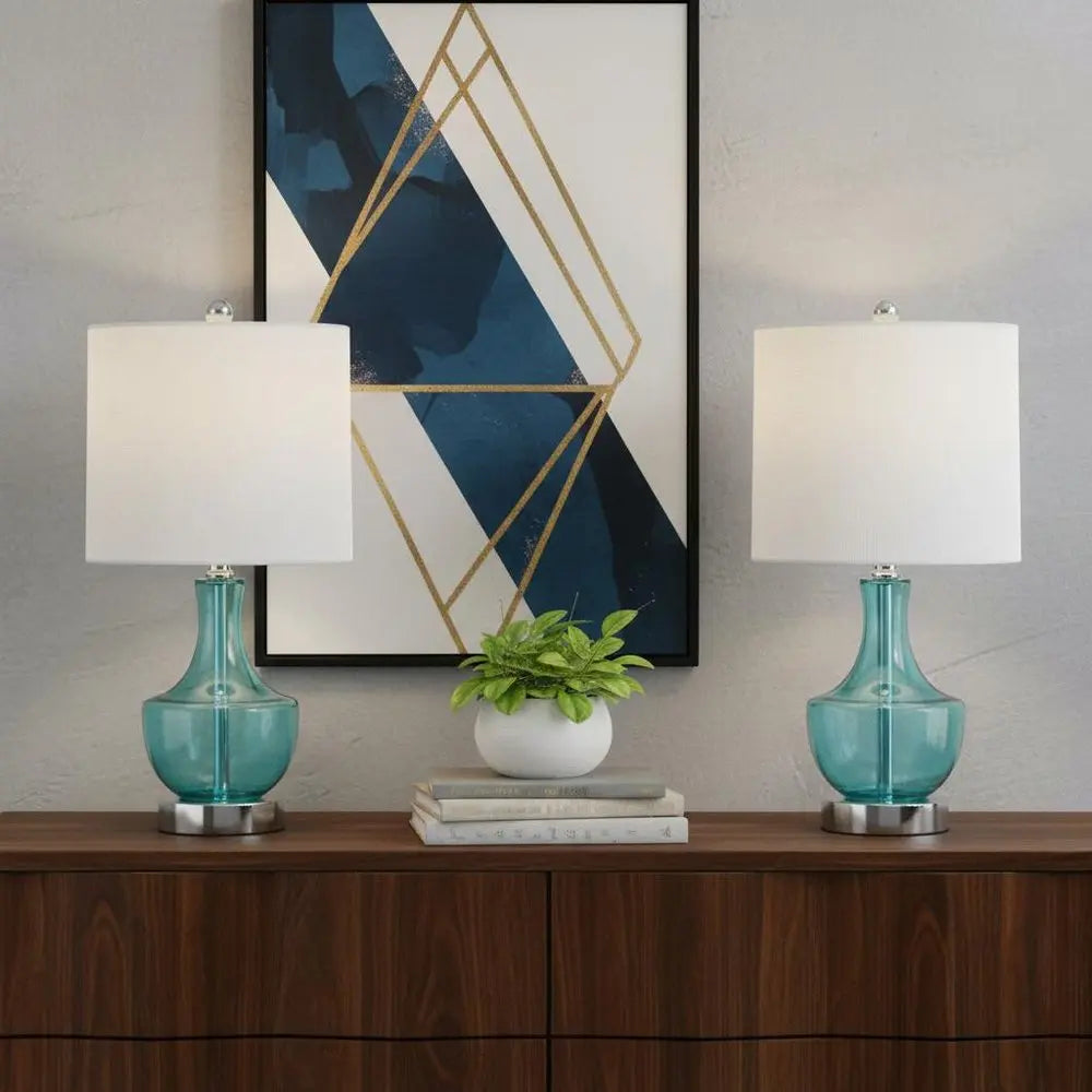 Set of Two 20" Silver Gourd Desk Lamps LED With Drum Shades HomeRoots