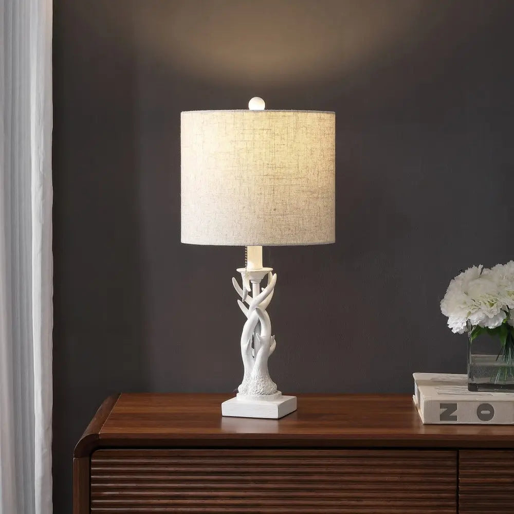 21" Antiqued White Antlers Desk Lamp LED With Drum Shade HomeRoots