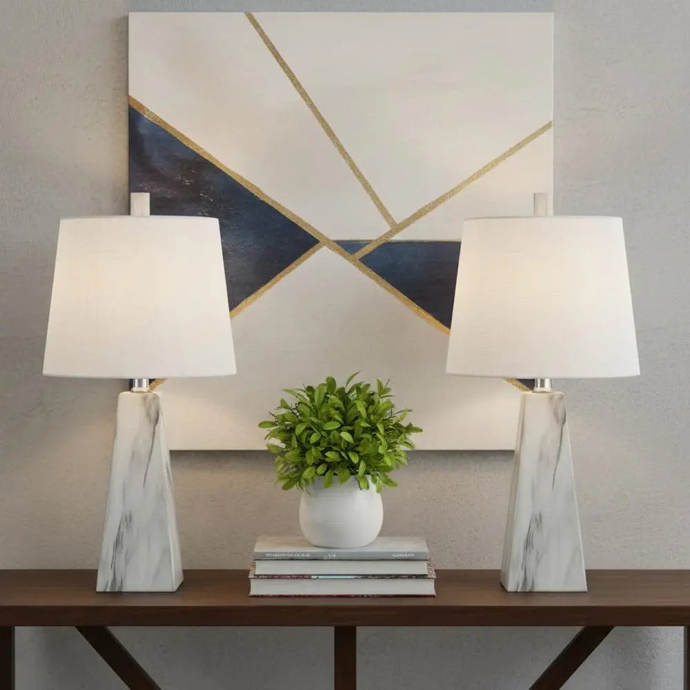 Set of Two 21" White Novelty Table Lamps LED With Empire Shades HomeRoots