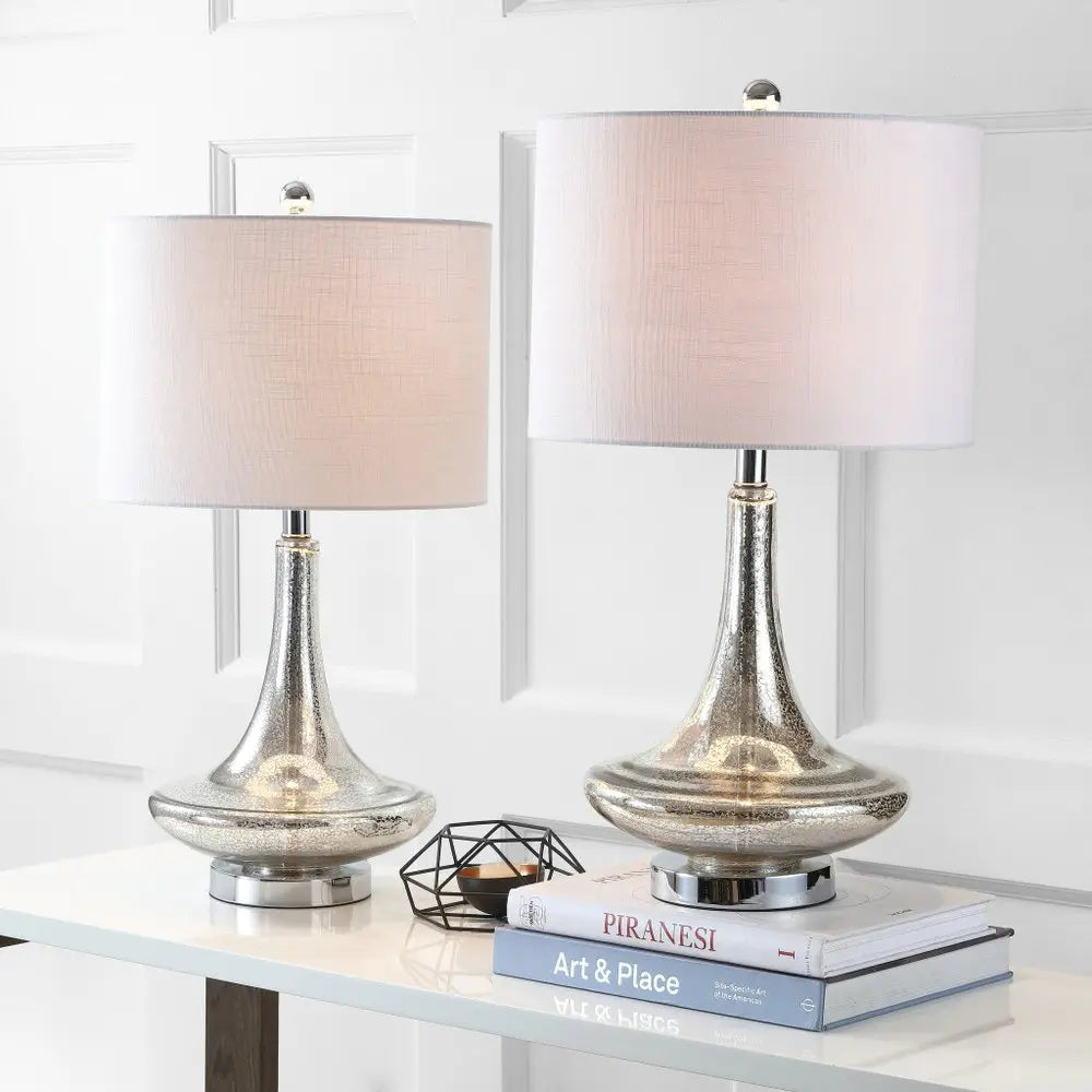 Set of Two 26" Silver Novelty Table Lamps LED With Drum Shades HomeRoots