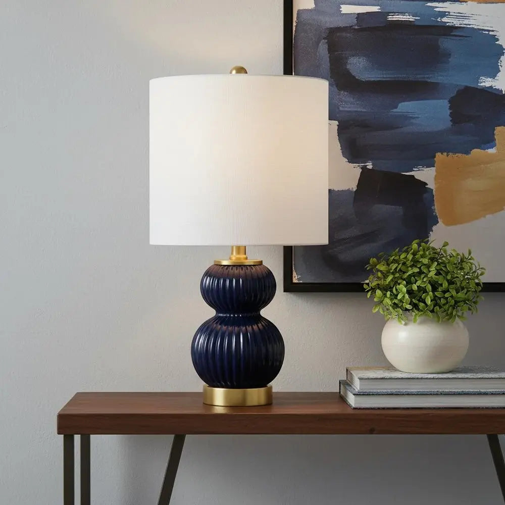 20" Gold Gourd Table Lamp LED With Drum Shade HomeRoots