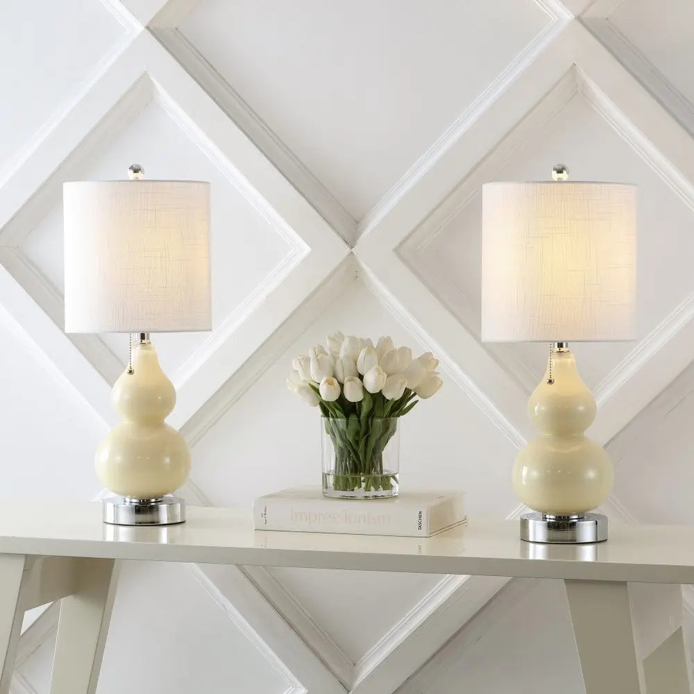 Set of Two 22" Silver Gourd Table Lamps LED With Drum Shades HomeRoots