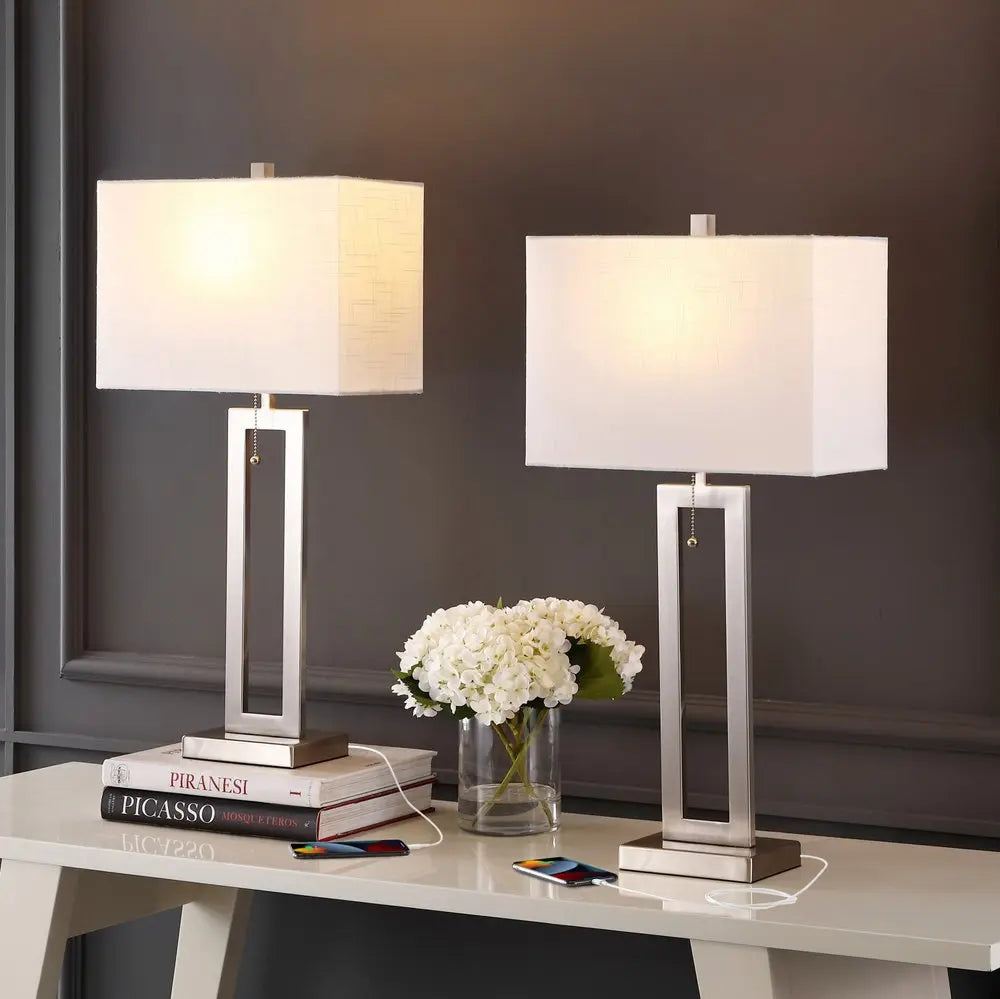 Set of Two 29" Nickel Table Lamps LED With Shades HomeRoots