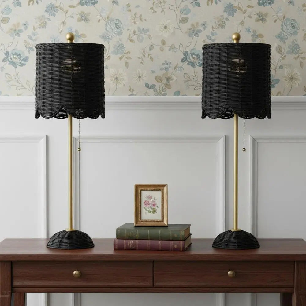 Set of Two 28" Black Table Lamps LED With Drum Shades HomeRoots