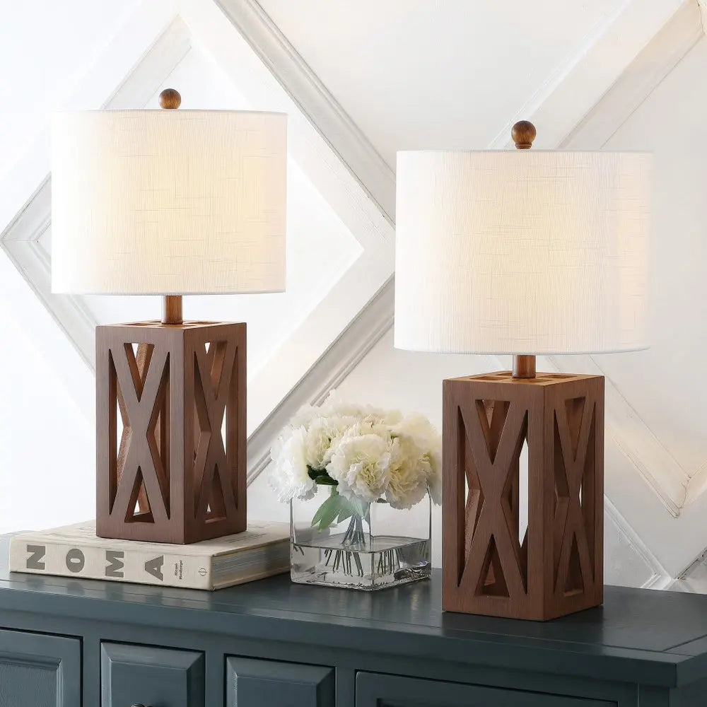 Set of Two 22" Brown Table Lamps LED With Drum Shades HomeRoots