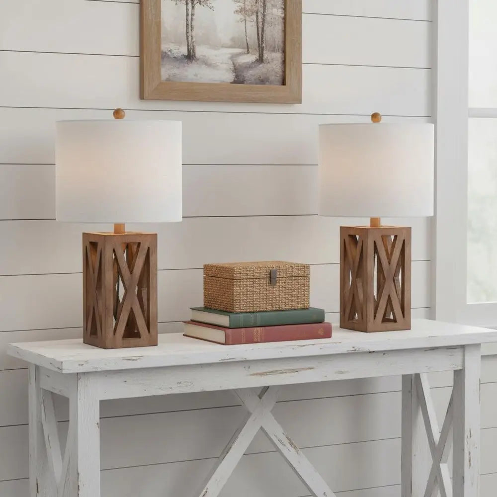 Set of Two 22" Brown Table Lamps LED With Drum Shades HomeRoots