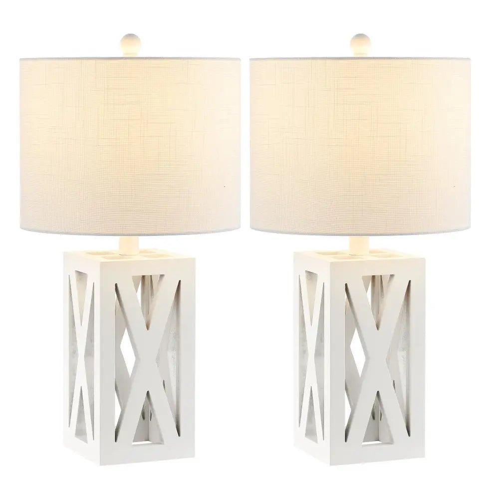 Set of Two 22" White Table Lamps LED With Drum Shades HomeRoots