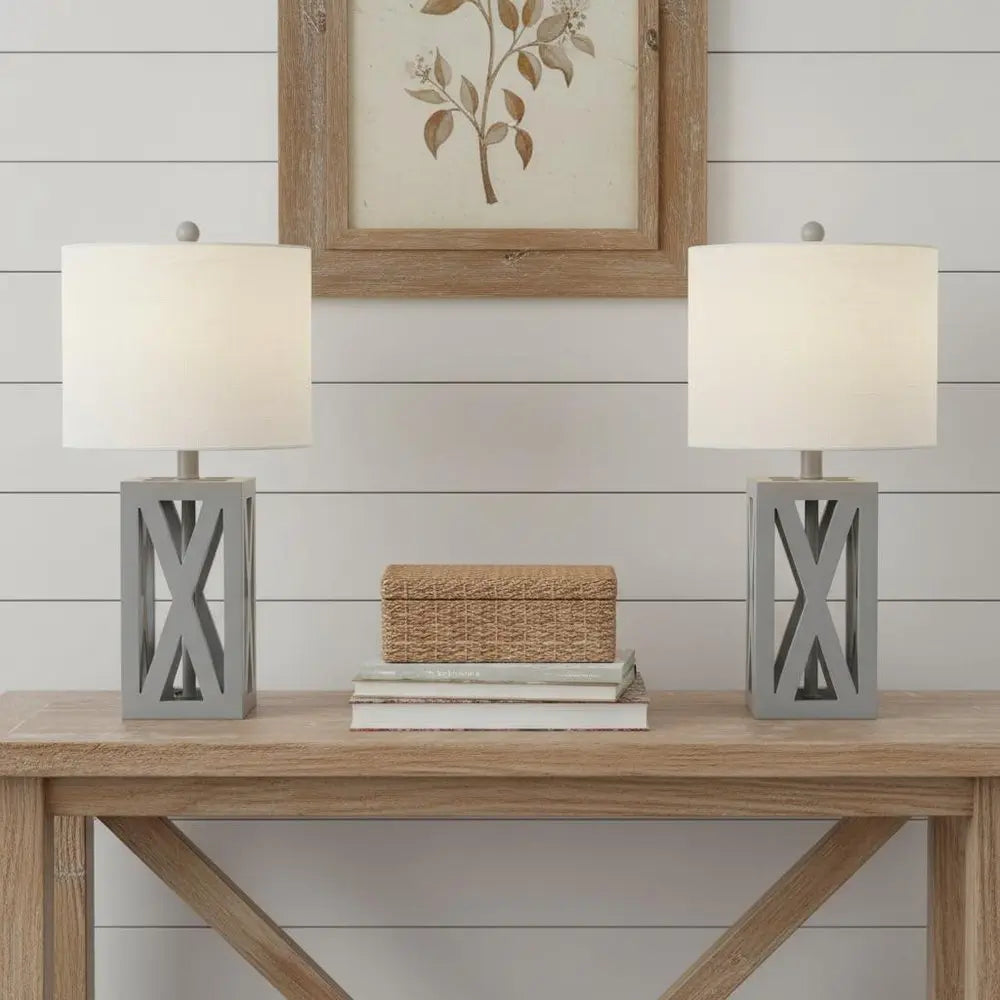 Set of Two 22" Gray Table Lamps LED With Drum Shades HomeRoots