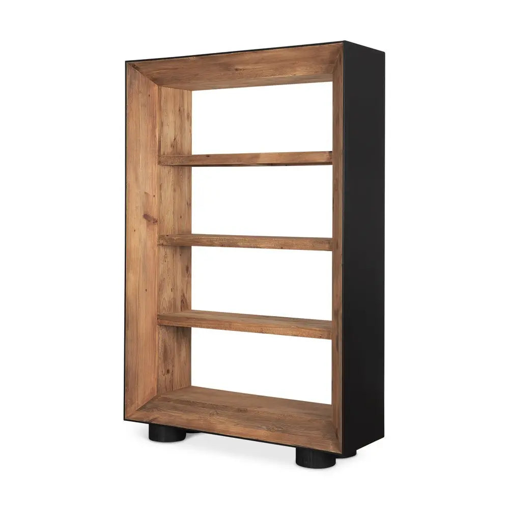 72" Black And Natural Distressed Solid Wood Three Tier Bookcase - NOBLE HOME INTERIORS