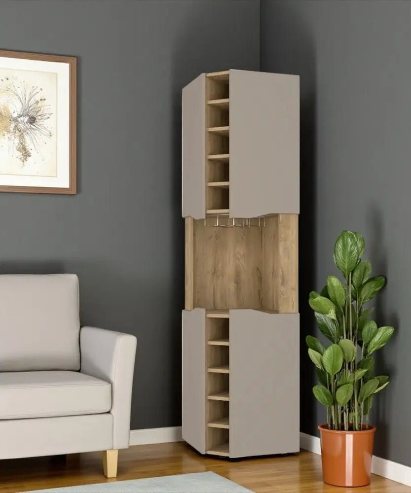 72" Brown and Taupe Wood Corner Bar Cabinet With Four Doors - NOBLE HOME INTERIORS