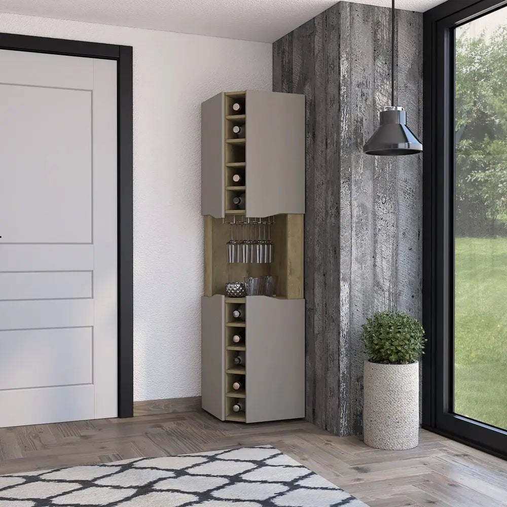 72" Brown and Taupe Wood Corner Bar Cabinet With Four Doors - NOBLE HOME INTERIORS