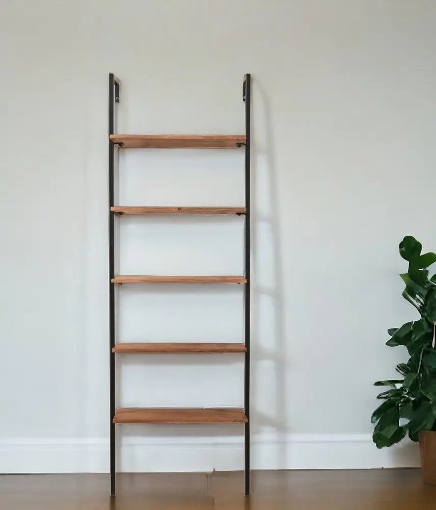 72" Brown Metal and Solid Wood Five Tier Ladder Bookcase - NOBLE HOME INTERIORS