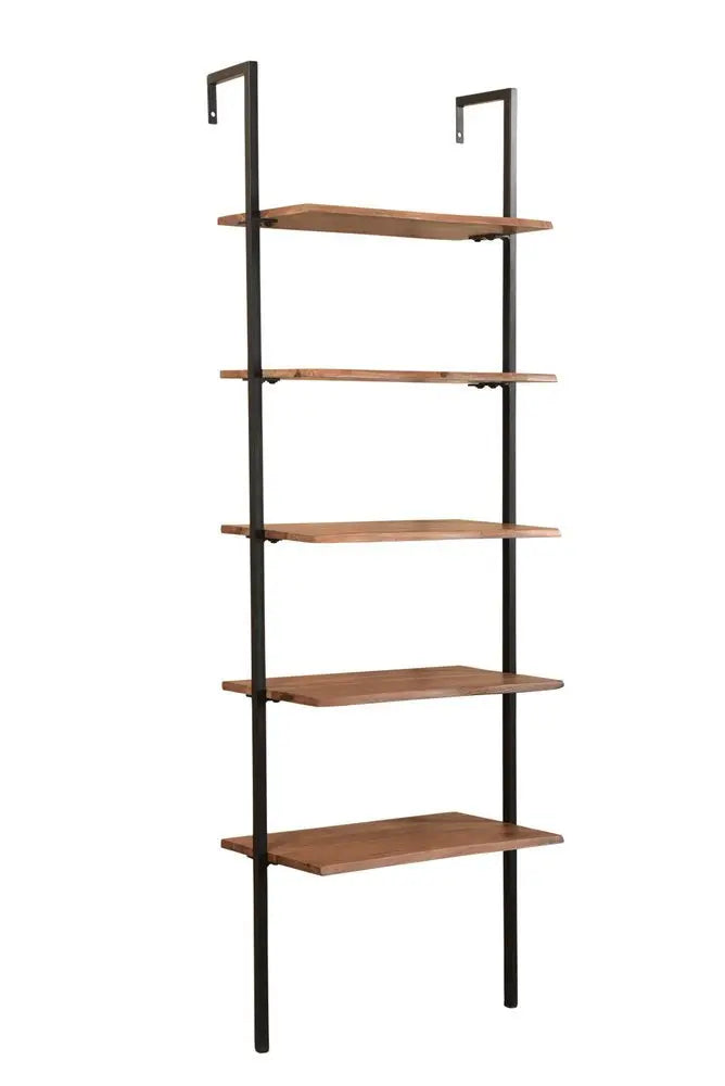 72" Brown Metal and Solid Wood Five Tier Ladder Bookcase - NOBLE HOME INTERIORS