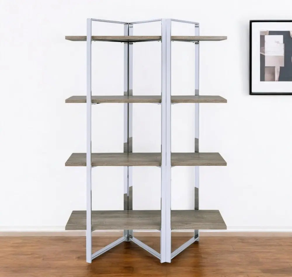 72" Natural And Silver Metal and Wood Four Tier Etagere Bookcase - NOBLE HOME INTERIORS