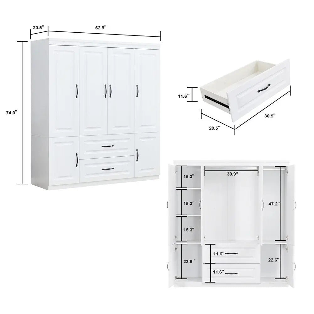 72" White Six Door Two Drawer Combo Dresser - NOBLE HOME INTERIORS
