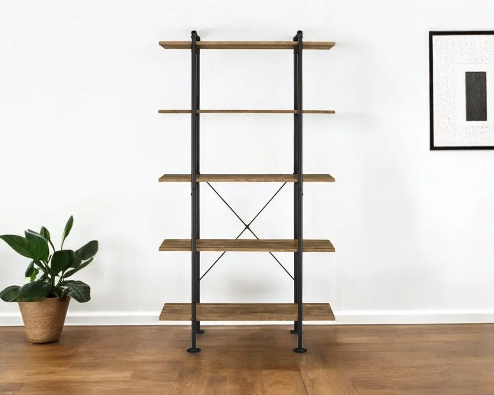 73" Brown And Black Metal Five Tier Etagere Bookcase - NOBLE HOME INTERIORS
