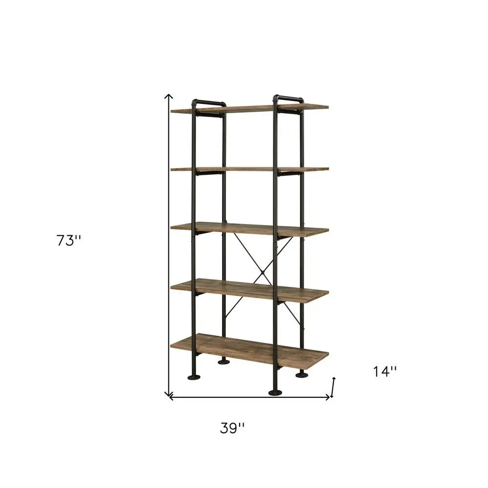 73" Brown And Black Metal Five Tier Etagere Bookcase - NOBLE HOME INTERIORS