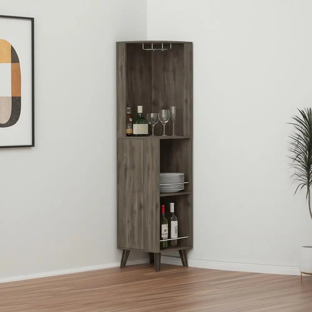 73" Dark Brown Wood Corner Bar Cabinet With One Drawer - NOBLE HOME INTERIORS