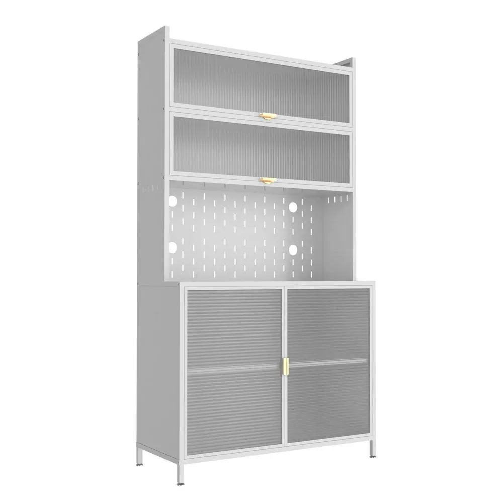 73" White Stainless Steel Textured Door Dining Hutch With Two Doors - NOVA HOME FURNITURE