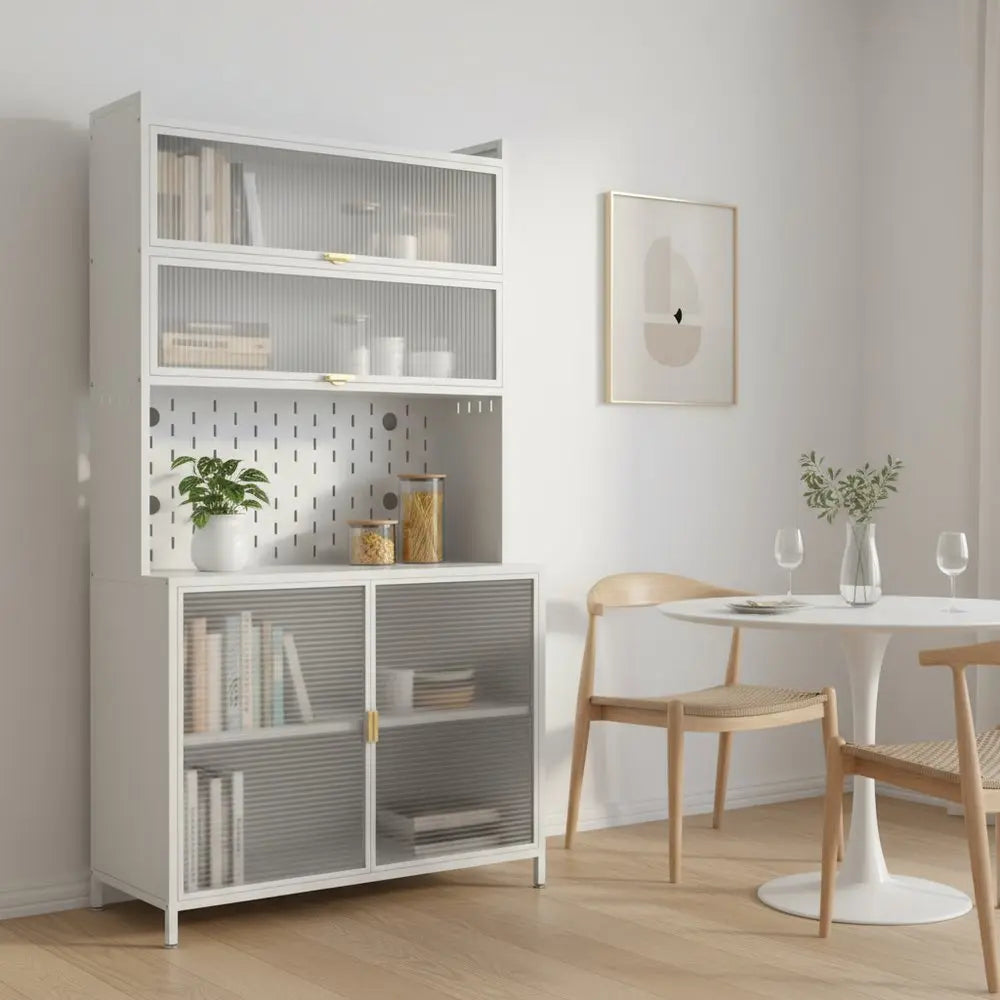 73" White Stainless Steel Textured Door Dining Hutch With Two Doors - NOVA HOME FURNITURE