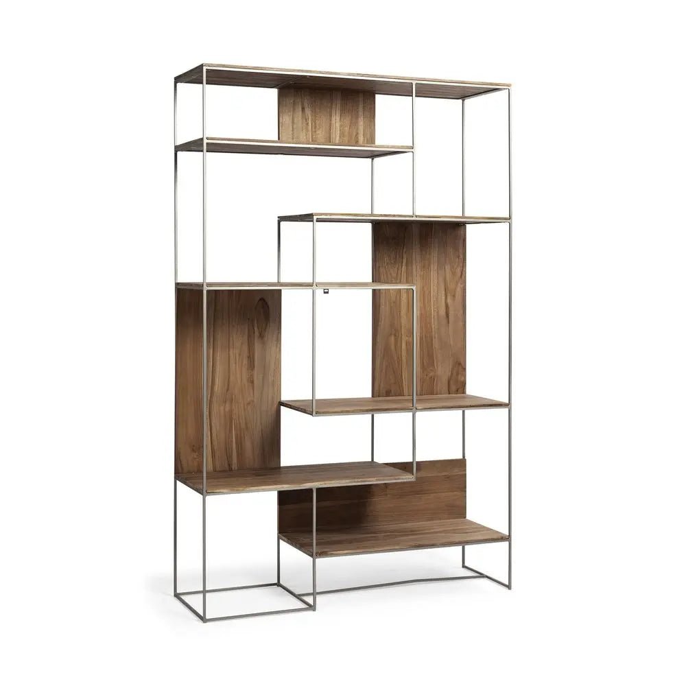 75" Brown And Silver Metal and Wood Six Tier Bookcase - NOBLE HOME INTERIORS