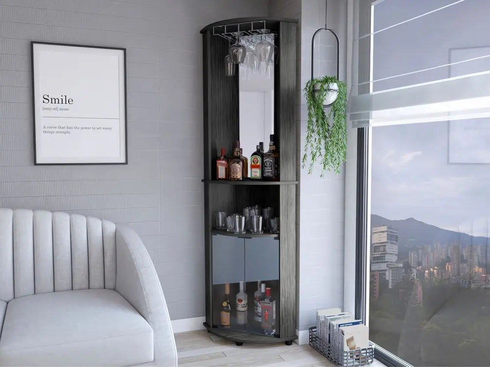 75" Charcoal Wood Ribbed Texture Corner Bar Cabinet With Two Doors - NOVA HOME FURNITURE