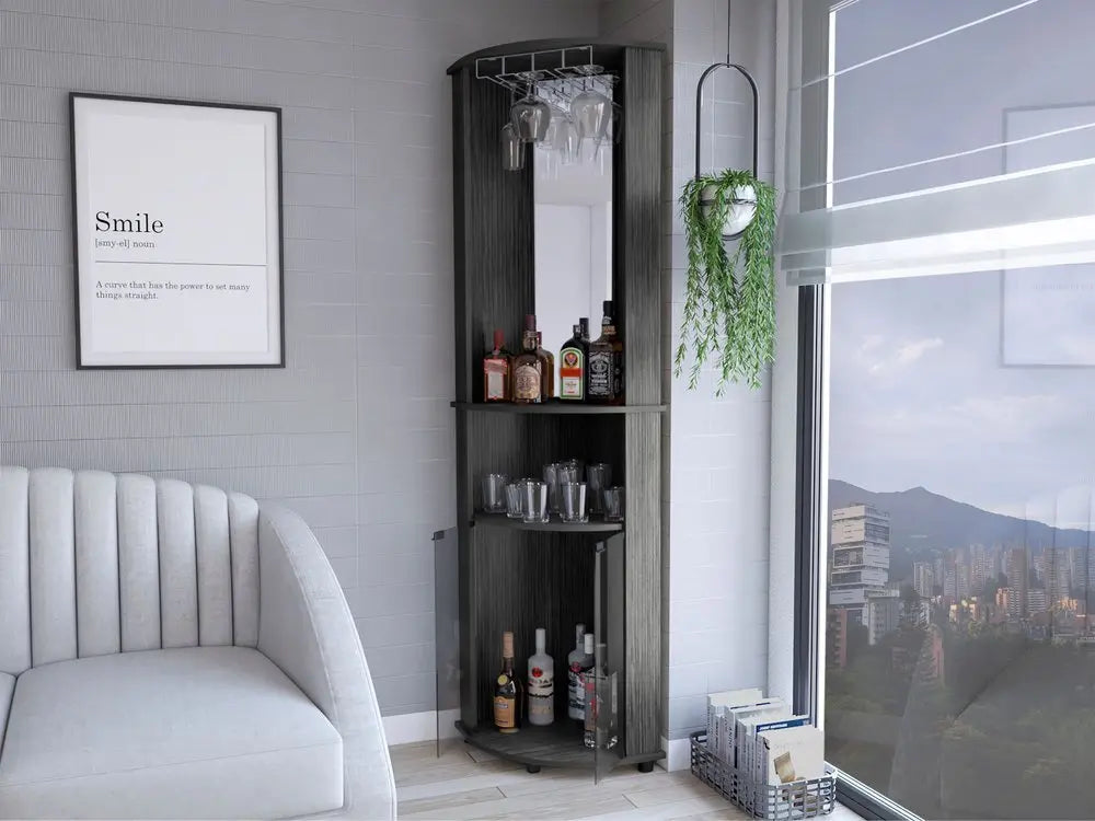 75" Charcoal Wood Ribbed Texture Corner Bar Cabinet With Two Doors - NOVA HOME FURNITURE