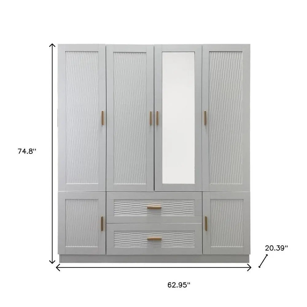 75" White Ribbed Texture Wood Mirrored Six Door Two Drawer Combo Dresser - NOBLE HOME INTERIORS