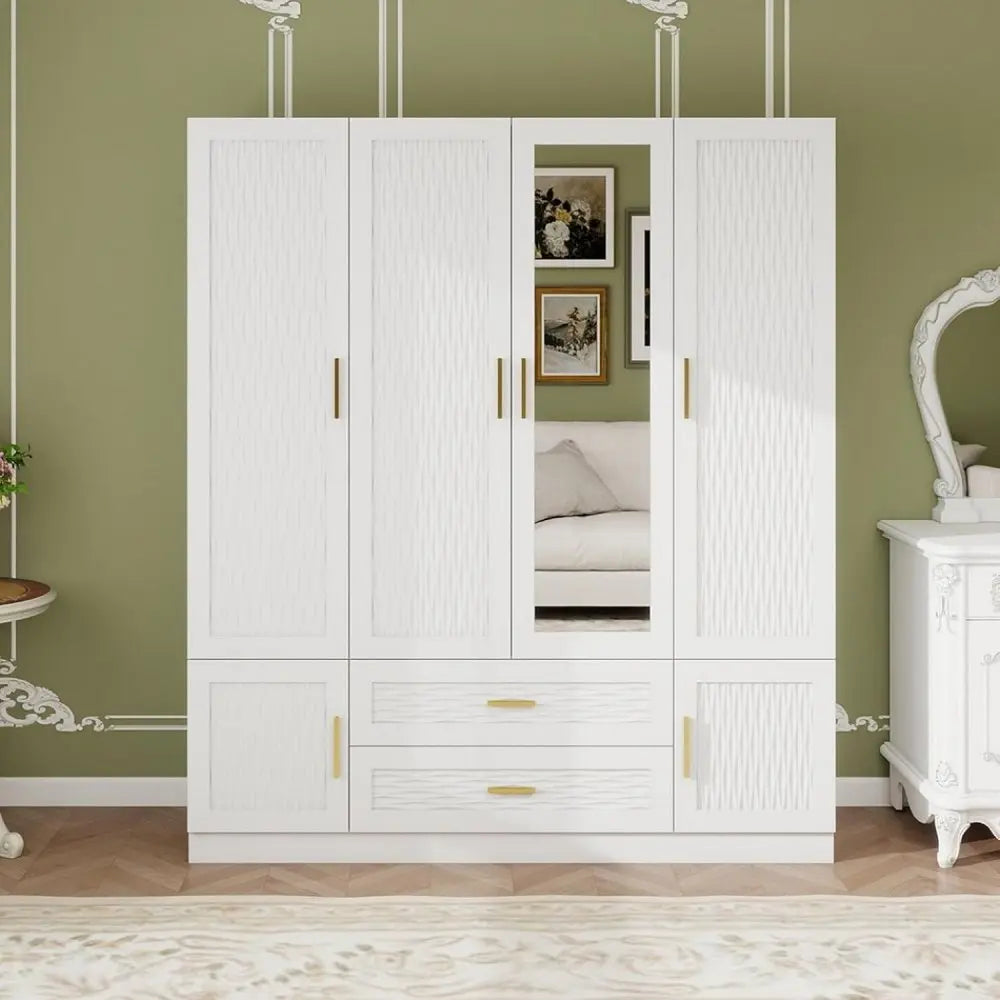 75" White Ribbed Texture Wood Mirrored Six Door Two Drawer Combo Dresser - NOBLE HOME INTERIORS