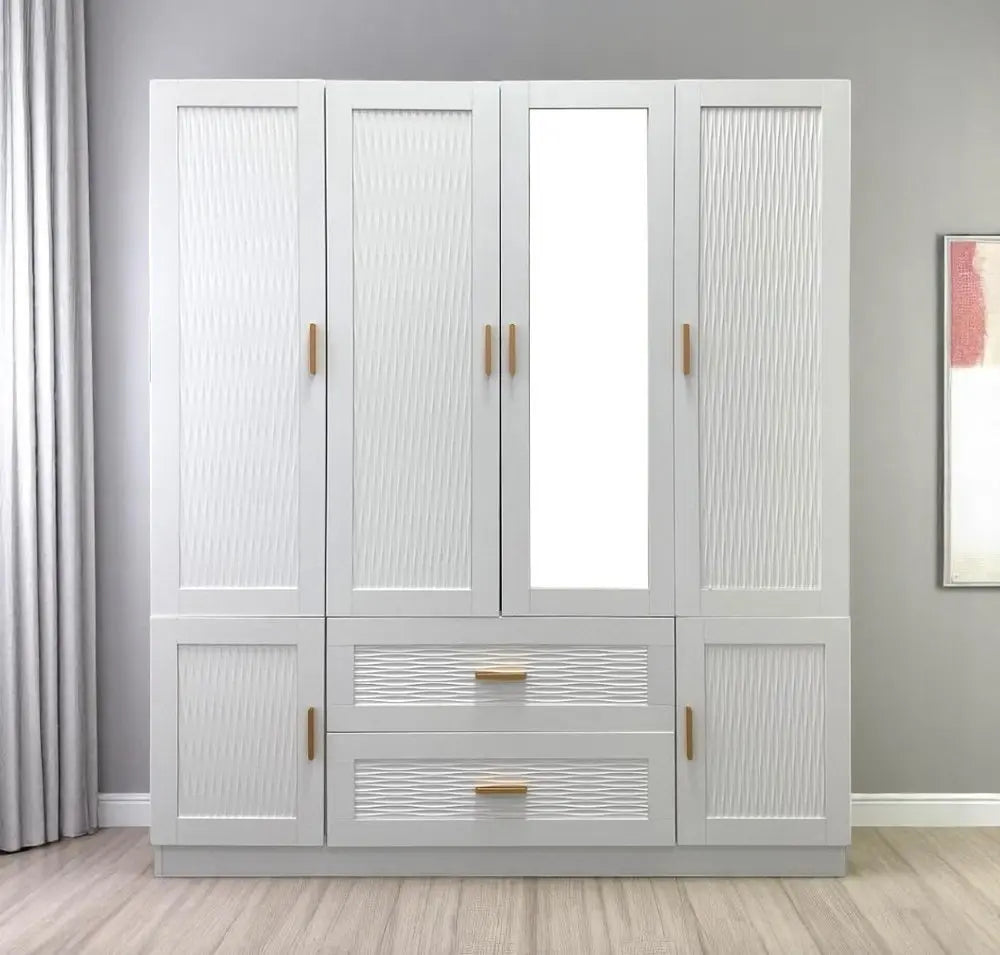 75" White Ribbed Texture Wood Mirrored Six Door Two Drawer Combo Dresser - NOBLE HOME INTERIORS