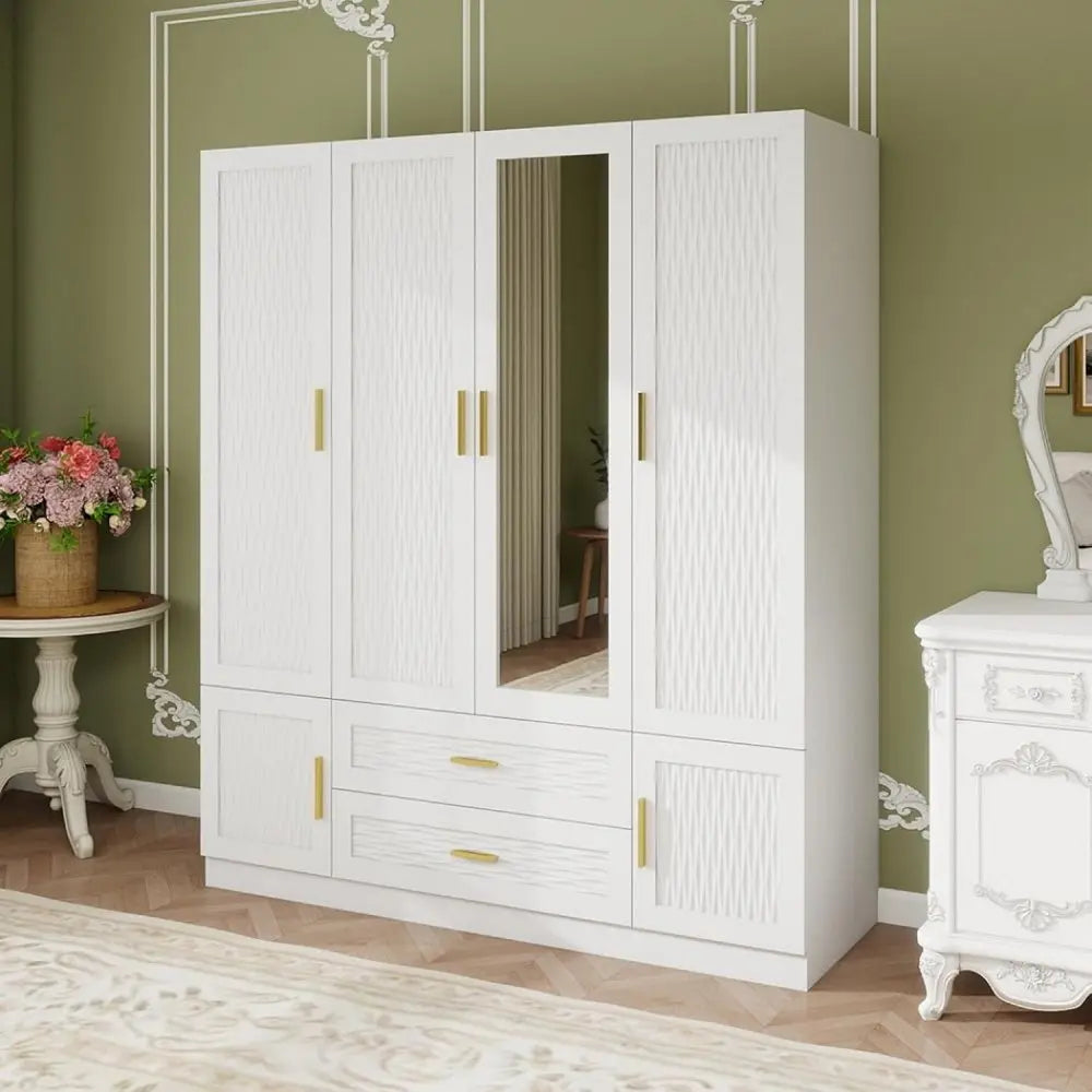 75" White Ribbed Texture Wood Mirrored Six Door Two Drawer Combo Dresser - NOBLE HOME INTERIORS