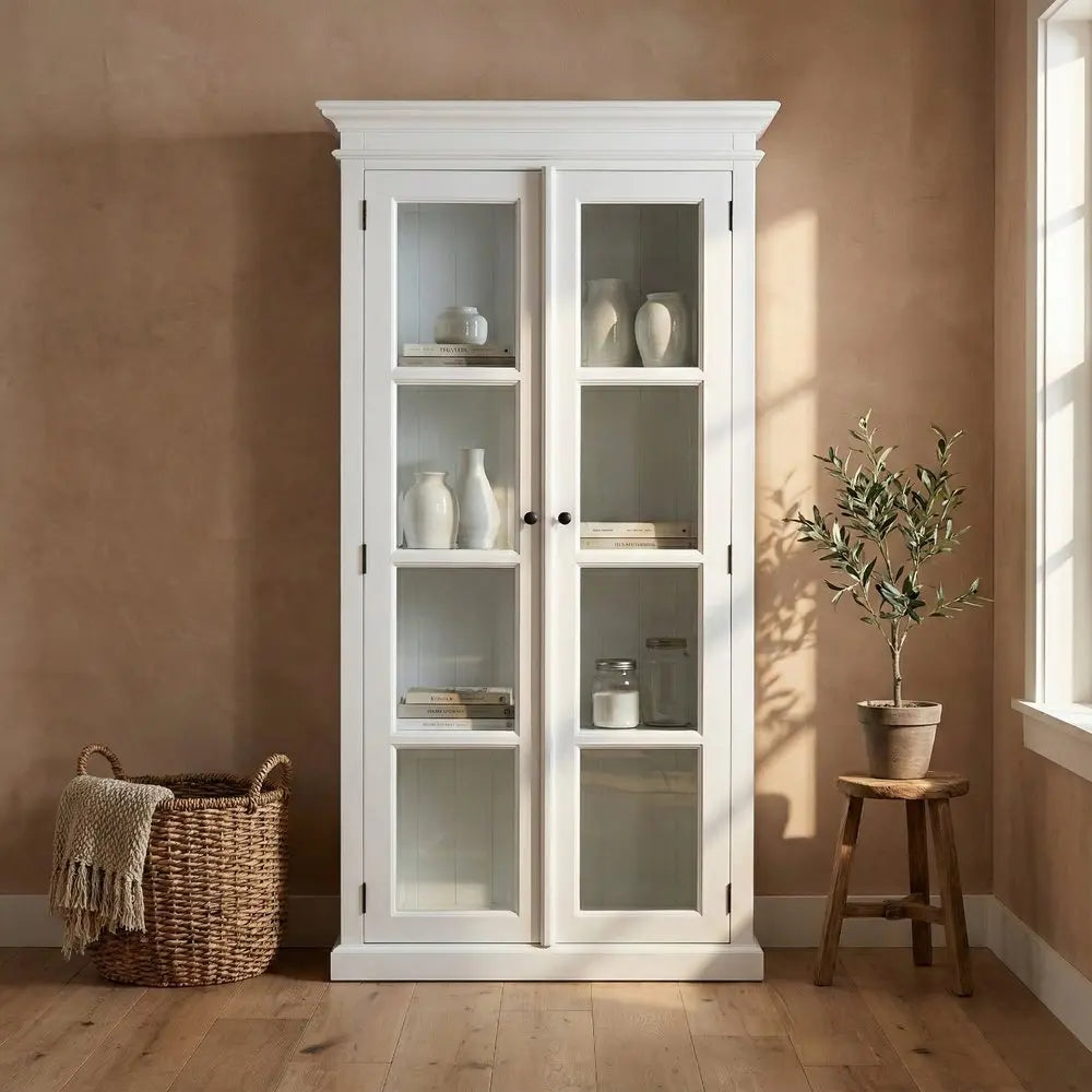 75" White Wood and Glass Double Door Storage Cabinet - NOVA HOME FURNITURE