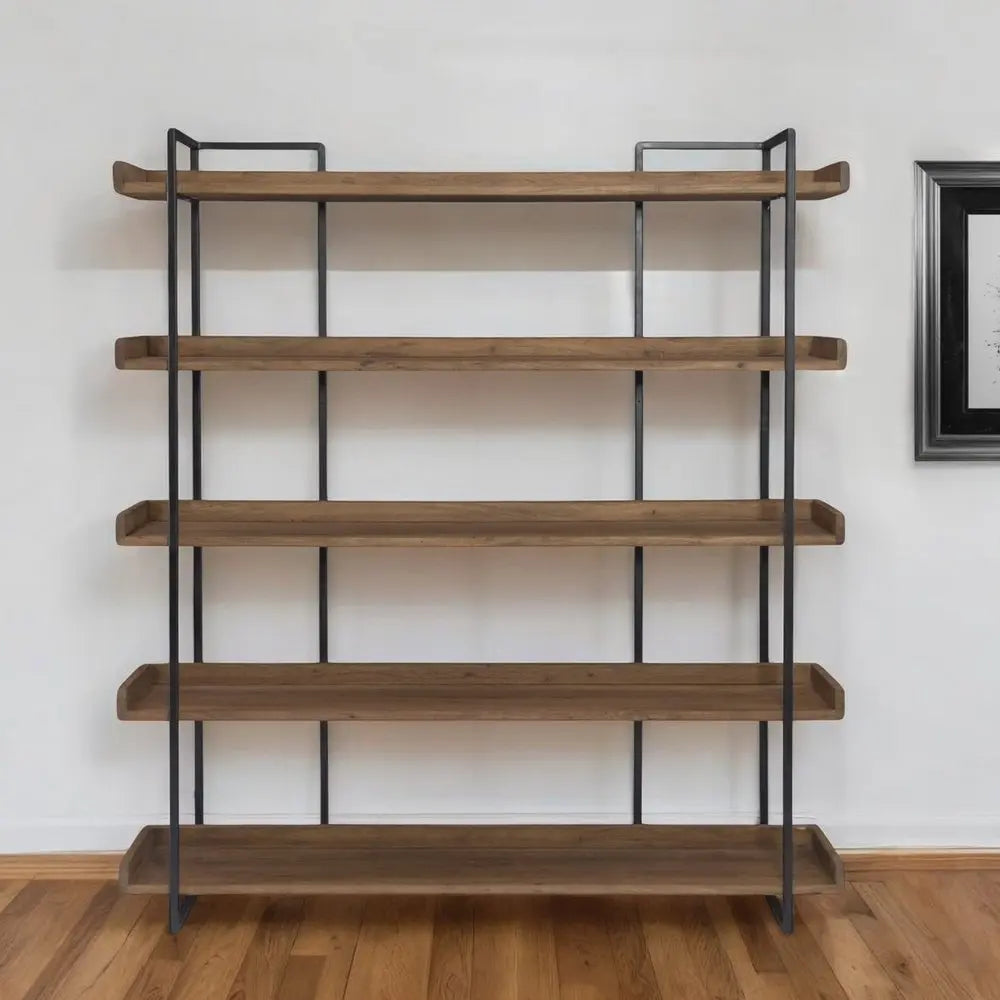 76" Brown and Black Metal and Wood Five Tier Bookcase - NOBLE HOME INTERIORS