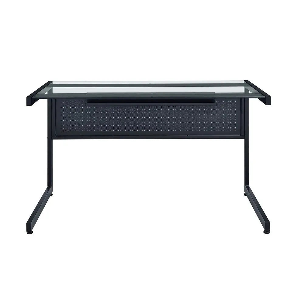 78" Clear and Black Glass and Metal Corner Computer Desk - NOBLE HOME INTERIORS