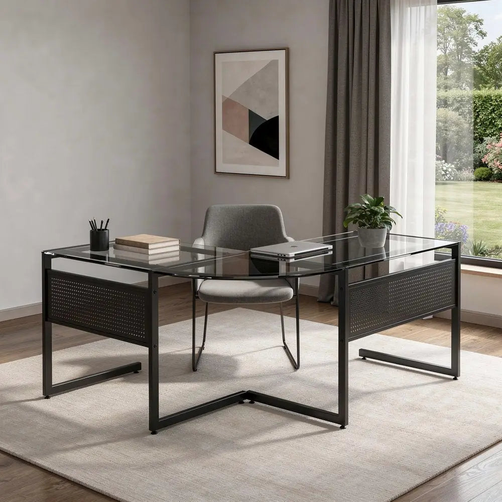 78" Clear and Black Glass and Metal Corner Computer Desk - NOBLE HOME INTERIORS