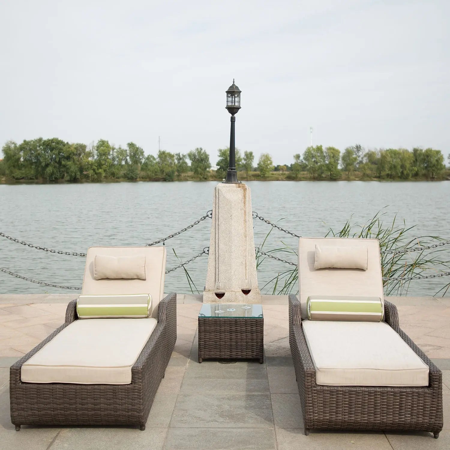 78" Set of Two Brown Indoor Outdoor Chaise Lounge with Beige Cushion - NOBLE HOME INTERIORS