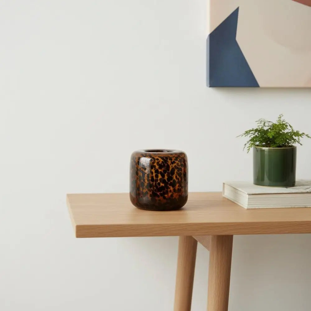 8" Amber And Black Animal Print Glass Round Table Vase - NOBLE HOME INTERIORS