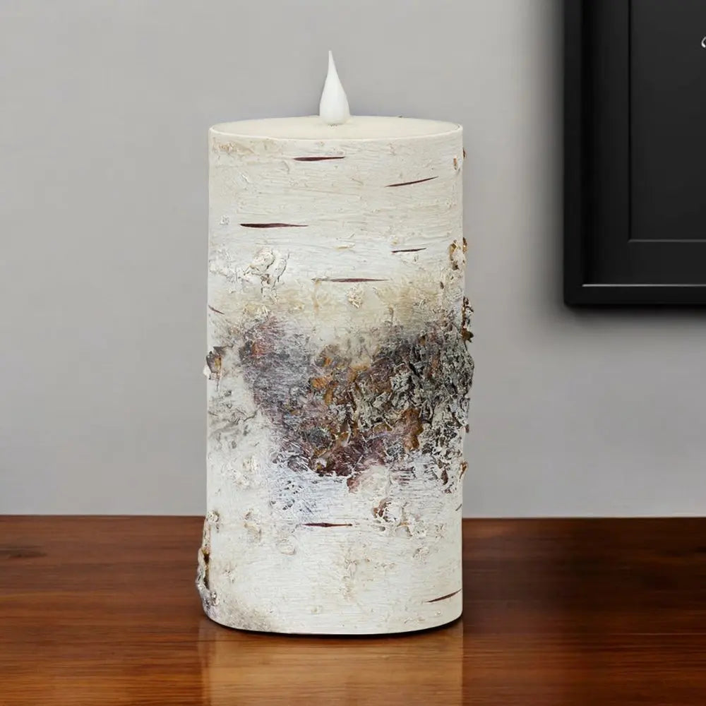 8" Beige and Ivory Faux Birchwood Flameless Pillar Candle - NOBLE HOME INTERIORS