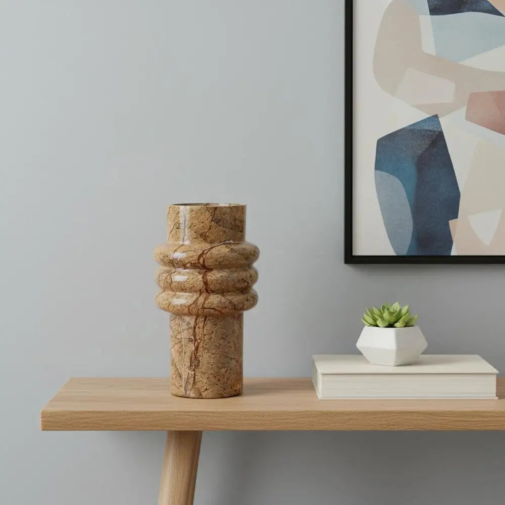 8" Brown Genuine Marble Ridged Table Vase - NOBLE HOME INTERIORS