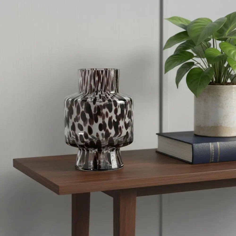 8" Clear Burgundy And Black Abstract Cylinder Glass Table Vase - NOBLE HOME INTERIORS