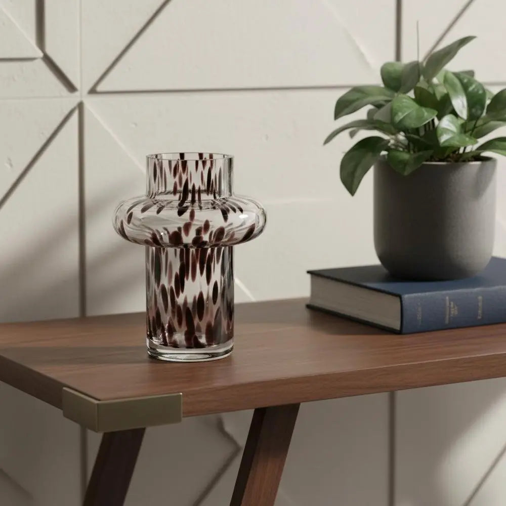 8" Clear Burgundy And Black Abstract Cylinder Glass Table Vase - NOBLE HOME INTERIORS