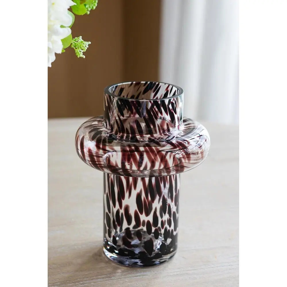 8" Clear Burgundy And Black Abstract Cylinder Glass Table Vase - NOBLE HOME INTERIORS